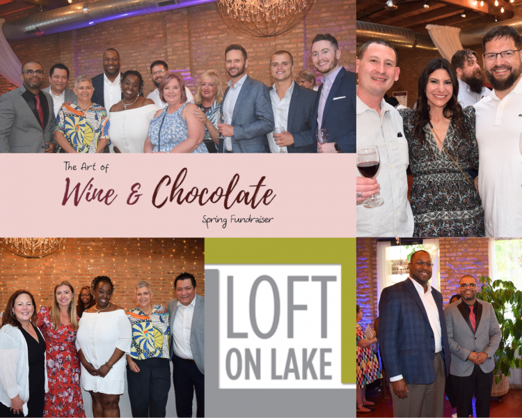 An image from a Youth Outreach Services event showcasing a spirited group toast with the caption 'Loft on Lake!', against a backdrop of joyous celebration.