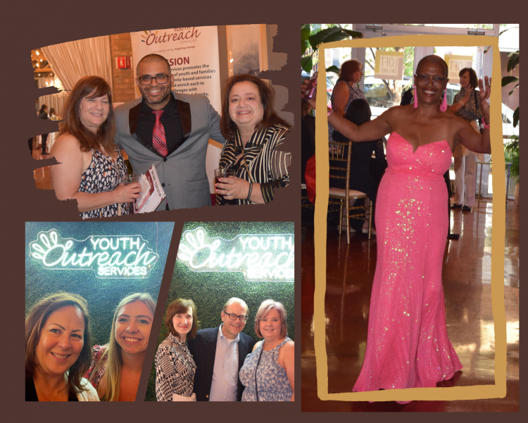 A lively collage from a Youth Outreach Services event, with images of guests smiling and posing, including a woman in a pink dress dancing, and a backdrop with the organization's logo.