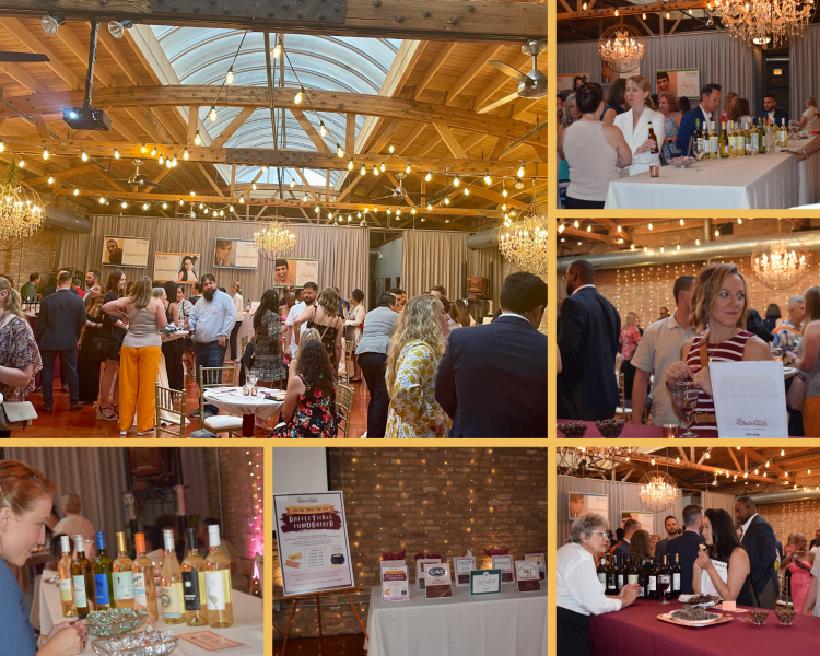 A collage of a bustling event venue with wooden ceilings and elegant lighting, a silent auction table, a wine tasting station, and people mingling and enjoying the event.