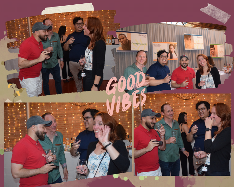 A collage of a fundraiser with the theme 'GOOD VIBES', showing guests laughing and enjoying drinks, with string lights in the background for a cozy ambiance.