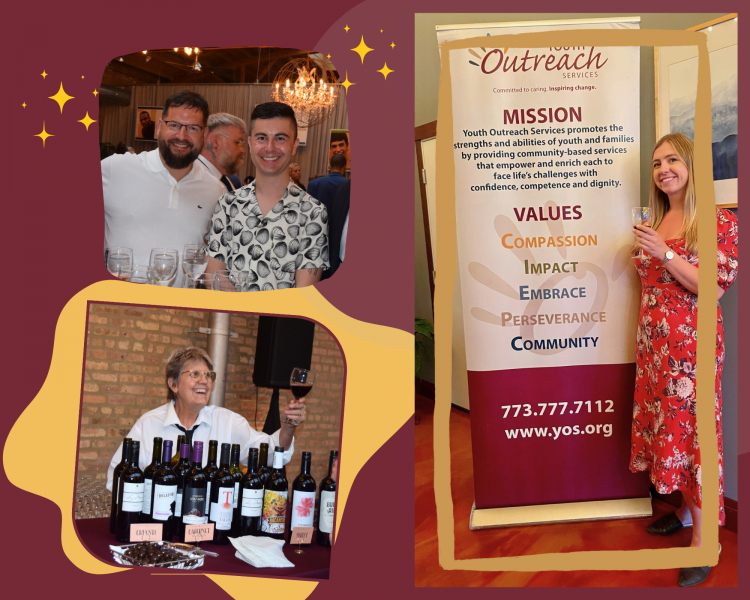A vibrant snapshot of a Youth Outreach Services event, showcasing a man and woman posing with wine glasses, a banner with the mission and values of the organization, and a wine auction with an enthusiastic crowd.