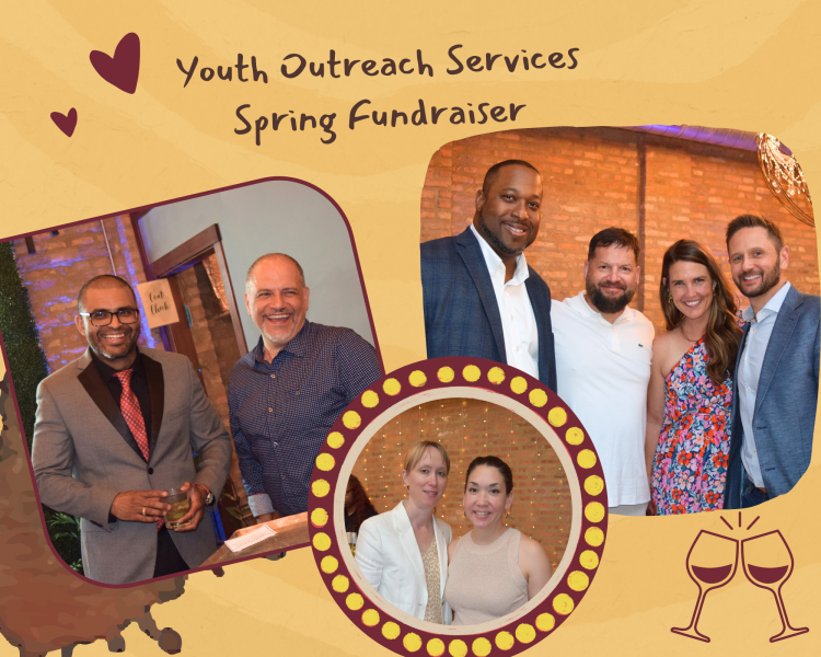 A promotional image for Youth Outreach Services Spring Fundraiser, with a heart-shaped frame showing a trio of guests, and a circular frame with two women smiling.