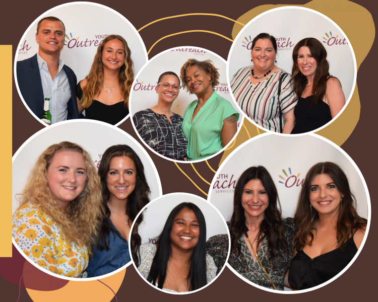 Collage of event attendees at a Youth Outreach Services function, featuring various groups of people posing for the camera with a backdrop displaying the organization's logo.