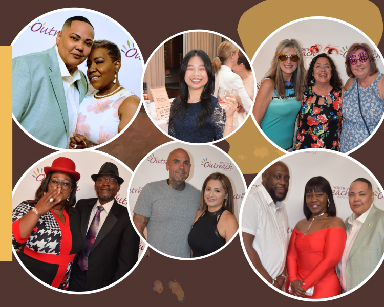 A compilation of photographs from a Youth Outreach Services event with attendees in semi-formal attire, posing and smiling in pairs or groups, with the organization's logo visible in each circle frame.