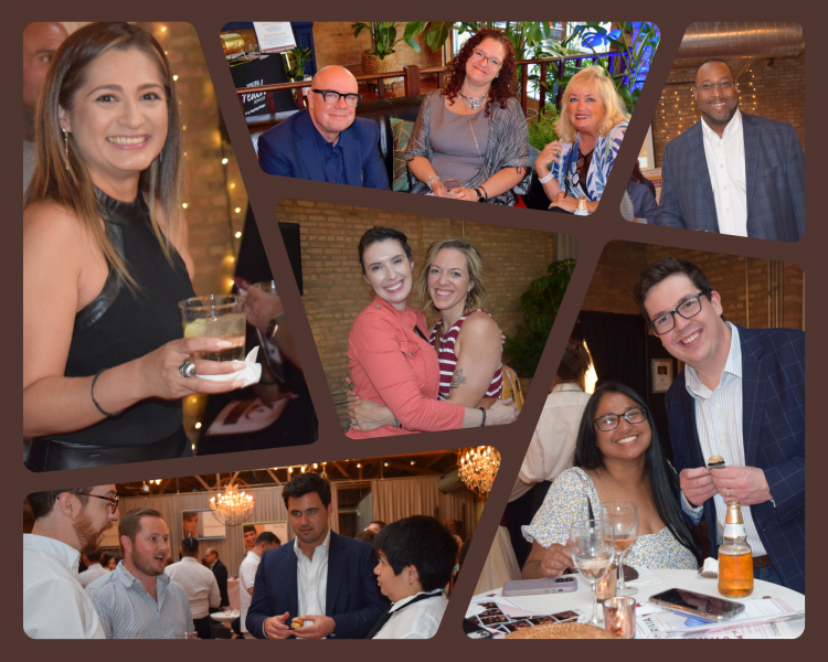 A dynamic photo collage from a Youth Outreach Services fundraiser, showcasing a diverse group of smiling attendees in semi-formal attire, engaged in conversation and enjoying the event.