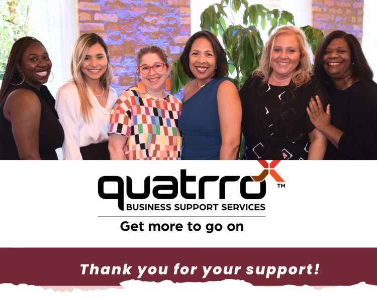 A group of five smiling women posing for a photo at a Youth Outreach Services event. They stand in front of a brick wall adorned with a green plant. Below them is the Quatrro Business Support Services logo with the tagline 'Get more to go on' and a 'Thank you for your support!' appreciation message.
