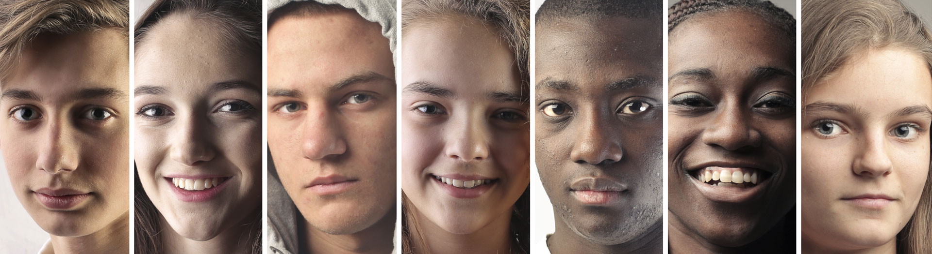 A series of portraits of six diverse young individuals shown from the shoulders up, each with a different expression, arranged side by side.