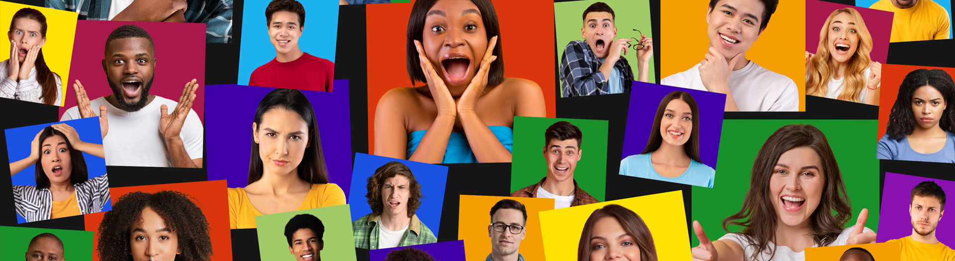 A vibrant collage of diverse people displaying a range of emotions. Each individual is set against a brightly colored background, contributing to a lively and dynamic mosaic of expressions.