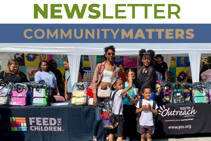 Summer 2023 Newsletter community matters cover featuring family receiving supplies from YOS