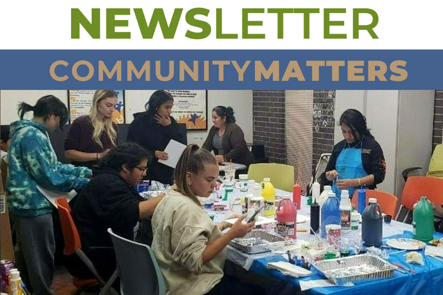 Winter 2023 newsletter community matters featuring a group of YOS clients painting and doing crafts