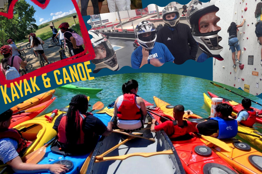 Collage image of teens on a bike, riding go-carts, climbing a rock wall and taign a kayak trip together.